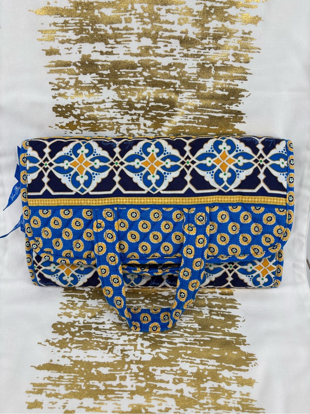 Vera Bradley Blue Gold Patterned Quilted Jewelry Organizer Folded Hanging